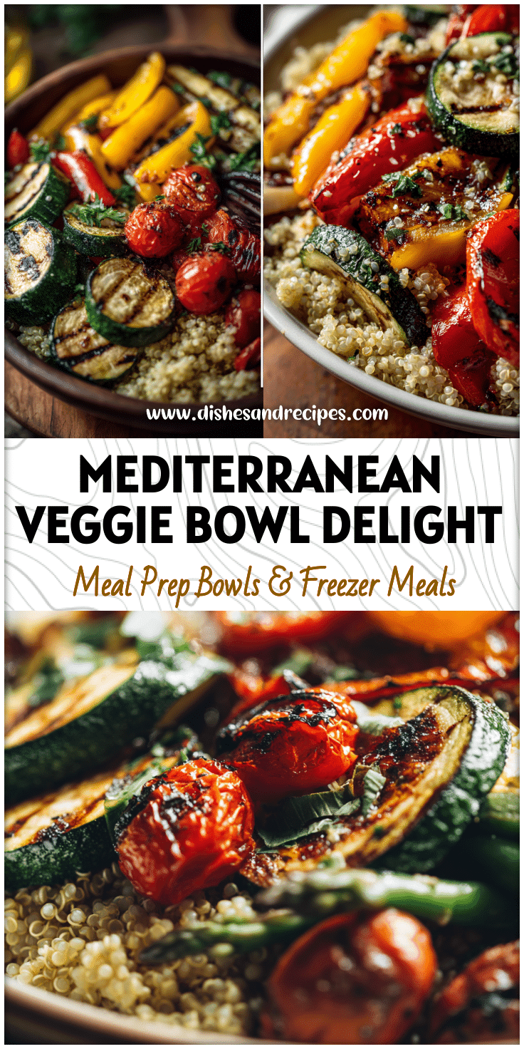 A Mediterranean-inspired quinoa bowl with grilled zucchini, tomatoes, and colorful peppers served fresh for Healthy Bowls.